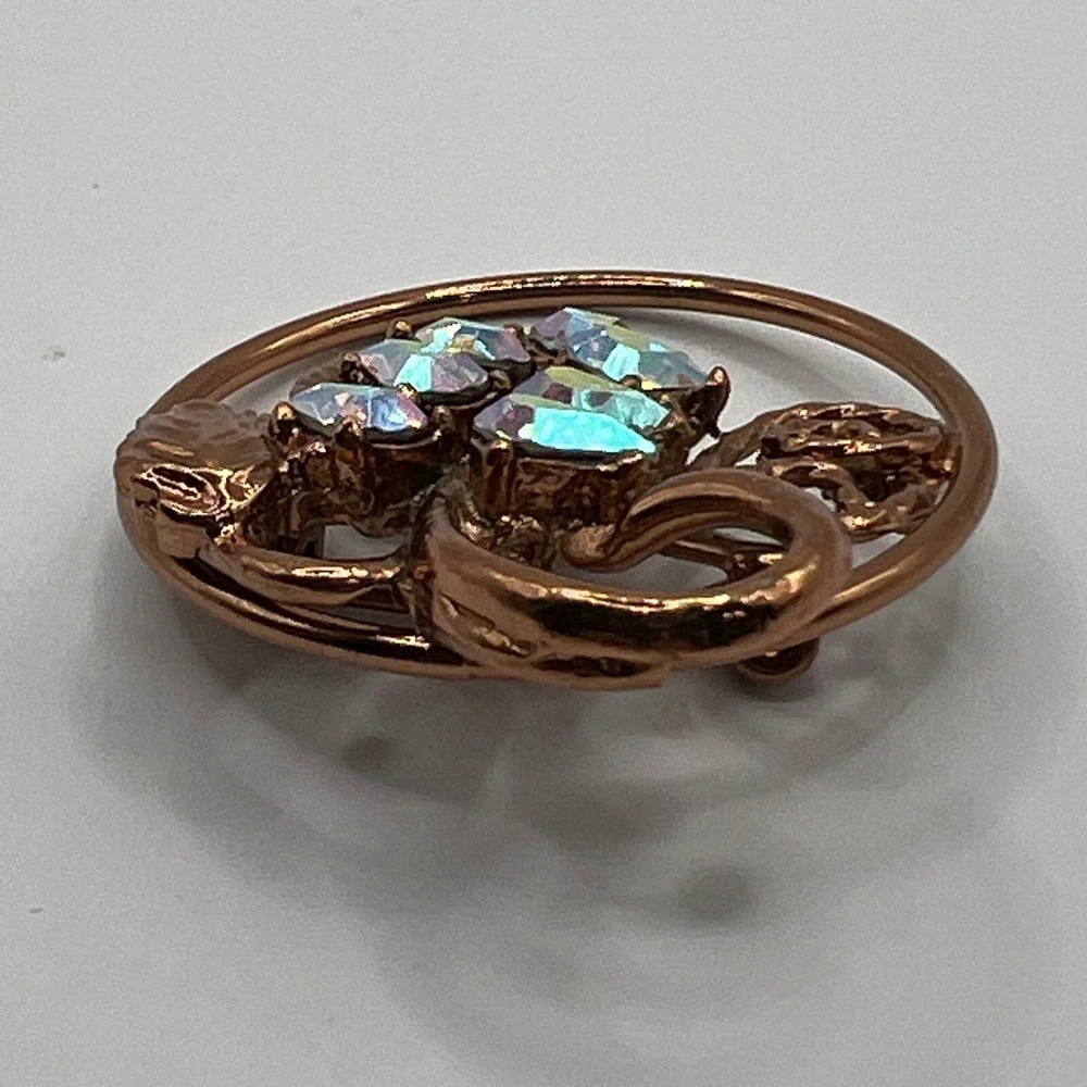 Vintage Grape Brooch Copper Tone AB Beads Aurora Borealis Round Pin